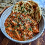 Bowl of creamy butter chicken with cilantro garnish and naan on the side