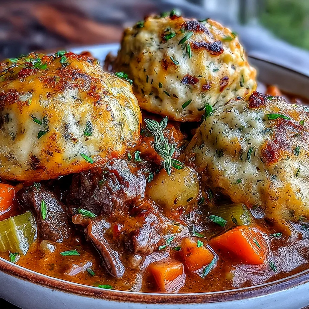Hearty Beef Stew with Cheddar Herb Dumplings