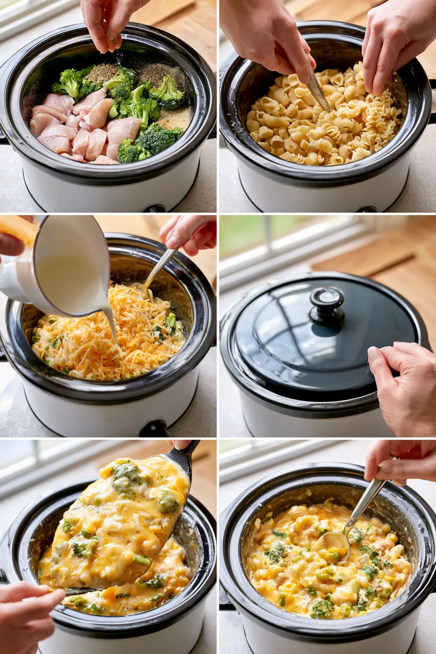 creamy crockpot chicken broccoli mac and cheese