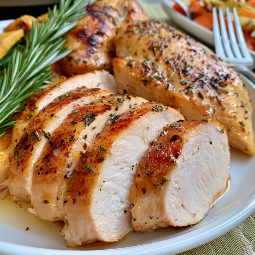 perfectly tender herb-crusted slow cooker chicken breast with honey glaze