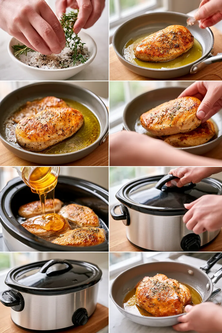 perfectly tender herb-crusted slow cooker chicken breast with honey glaze